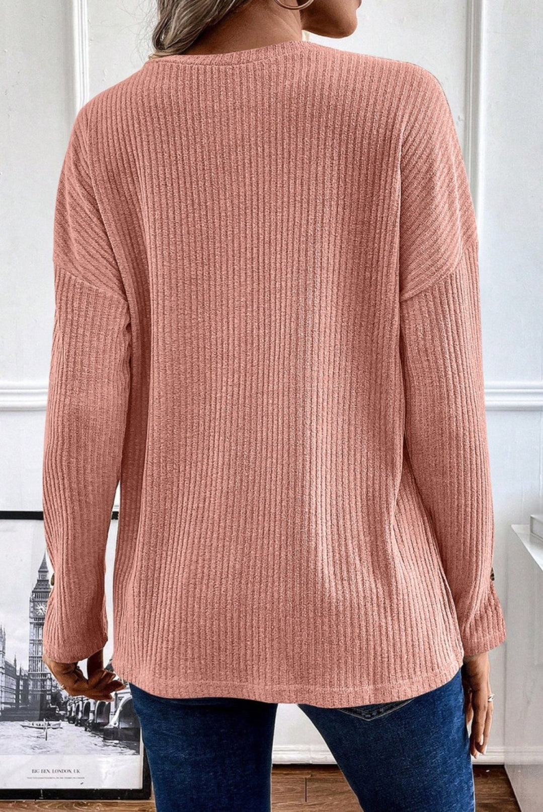 Pink Ribbed Henley Long Sleeve Top