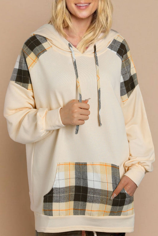 Cream Brown Yellow Plaid Hooded Sweatshirt