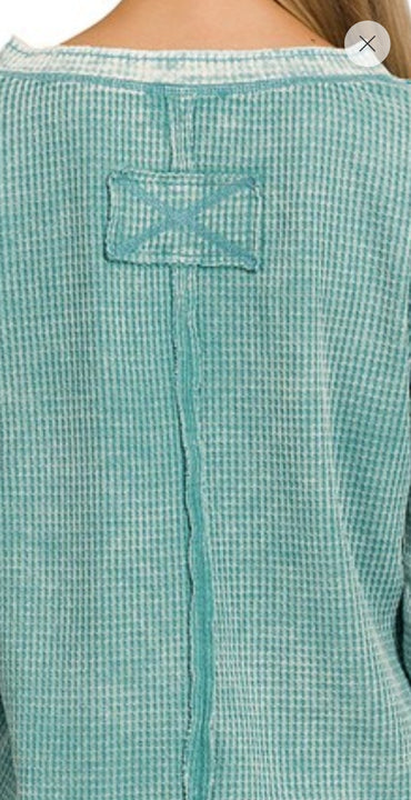 Zenana Teal Waffle Distressed Henley Long Sleeve Top