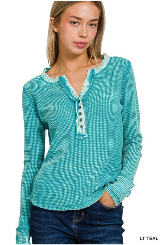 Zenana Teal Waffle Distressed Henley Long Sleeve Top