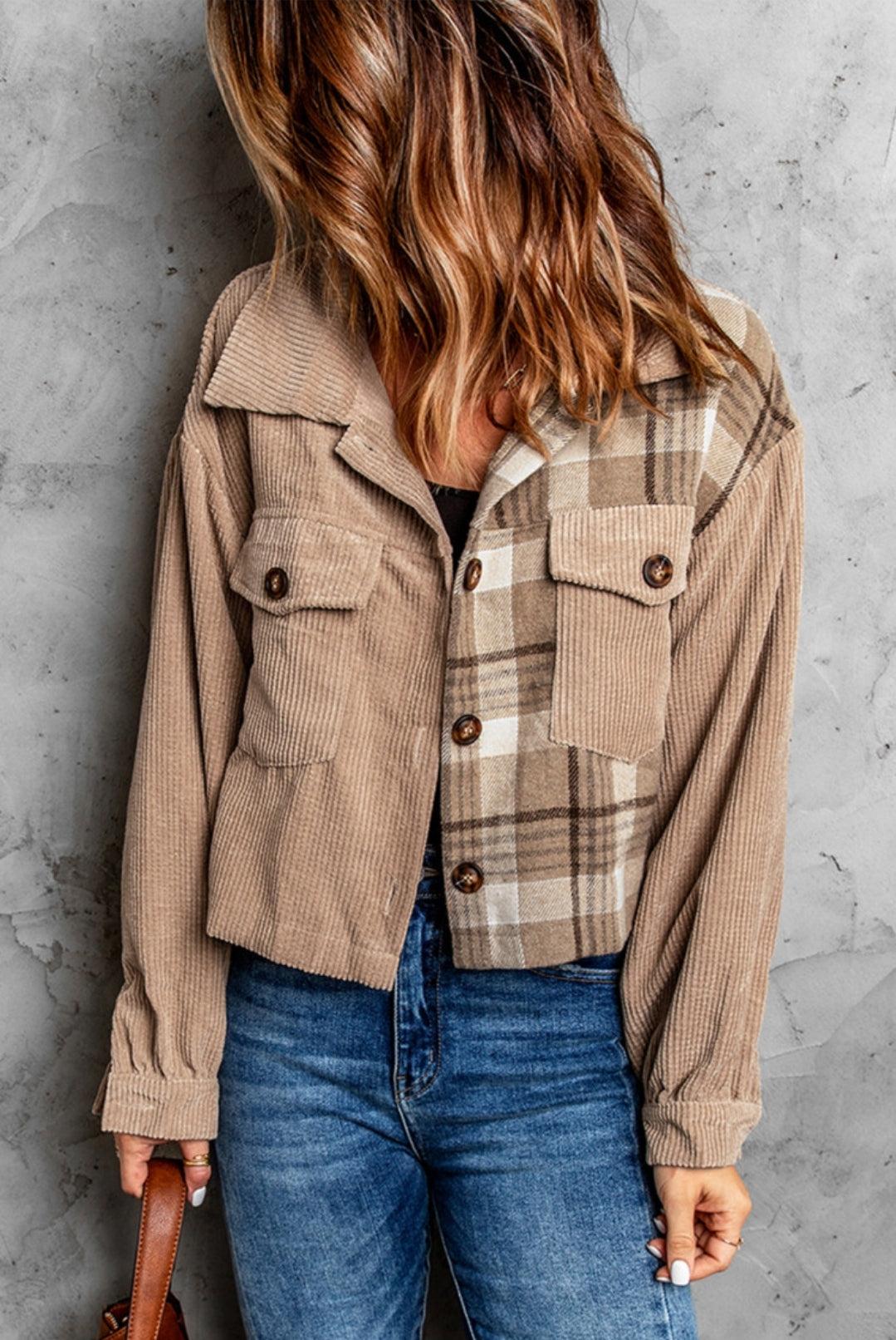 Khaki & Plaid Cropped Corduroy Jacket