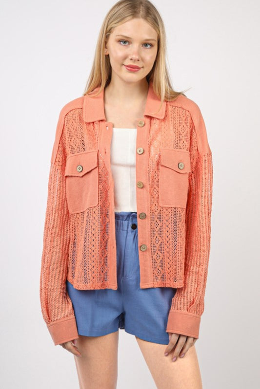 Very J Salmon Button Down Lace Shacket