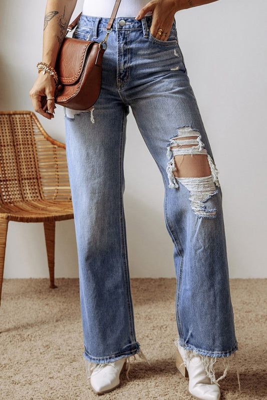 Light Wash Distressed Straight Leg Jeans