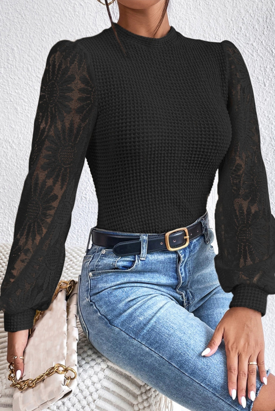 Black Waffle Long Sleeve Floral Design on Sleeves