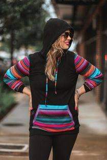 Jess Lea Lightweight Black Waffle Multicolor Striped Hoodie