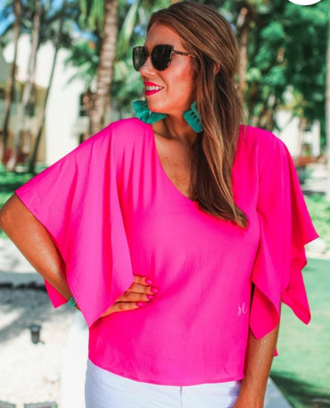 Jess Lea Pink V-neck Wide Flutter Sleeve Blouse