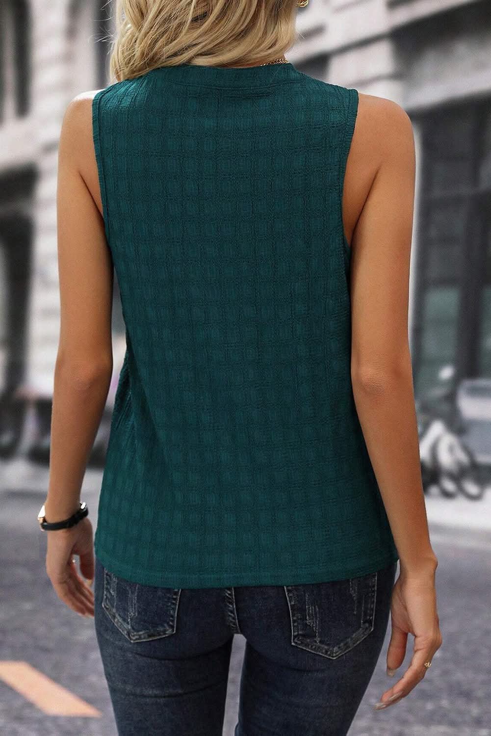 Green Textured Split Neck Sleeveless Blouse