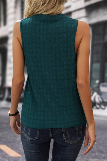 Green Textured Split Neck Sleeveless Blouse
