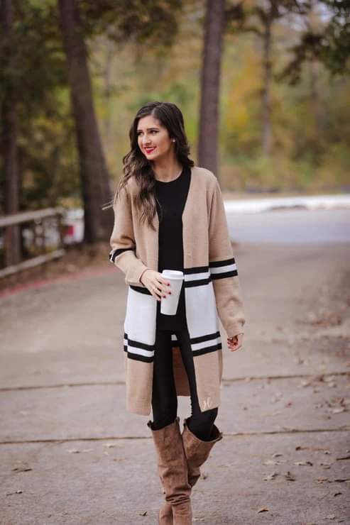 Jess Lea Khaki White Black Open Cardigan