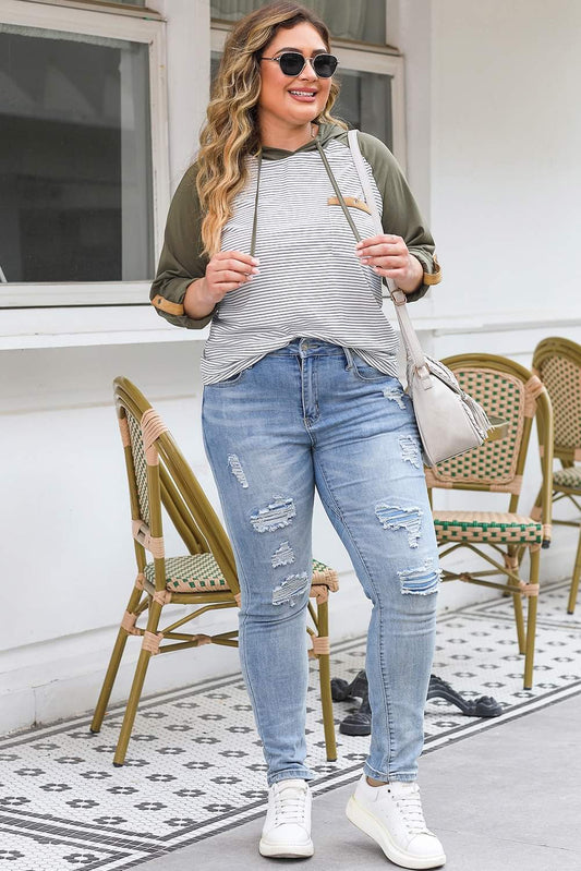 Plus Olive Striped Lightweight Hoodie