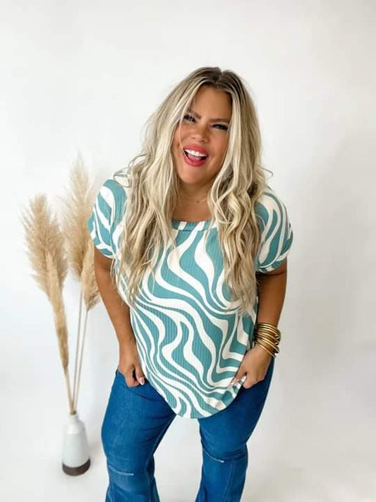 Green & Cream Abstract Ribbed Short Sleeve Tee