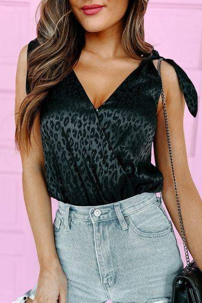 Black Leopard Tie Shoulder Bodysuit