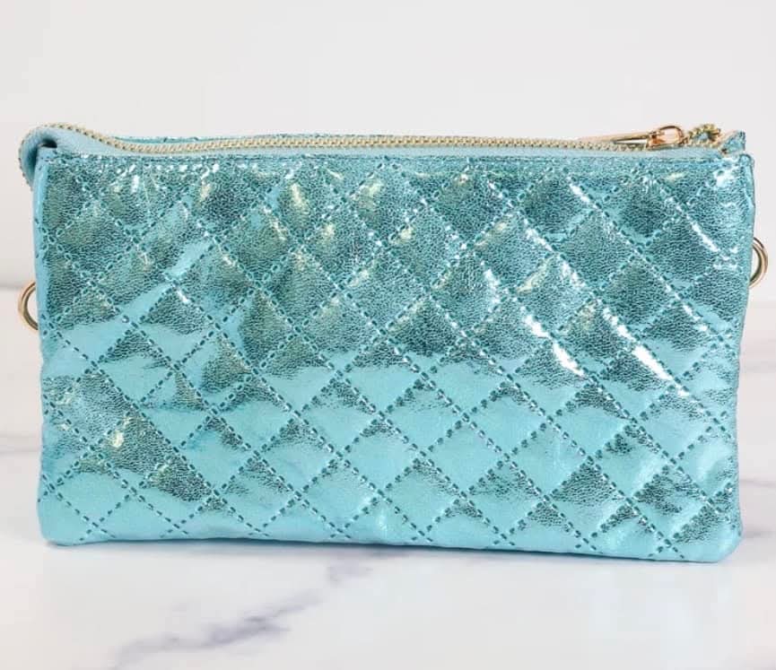 Caroline Hill Metallic Aqua Quilted Crossbody Wristlet