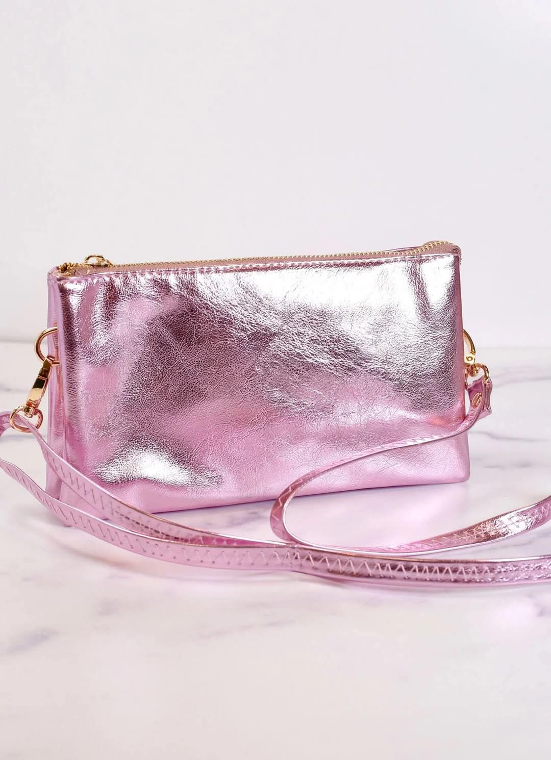 Caroline Hill Liz Metallic Pink Wristlet Crossbody