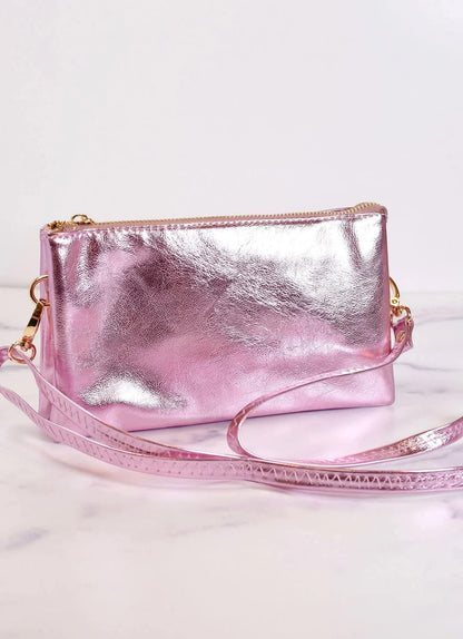 Caroline Hill Liz Metallic Pink Wristlet Crossbody