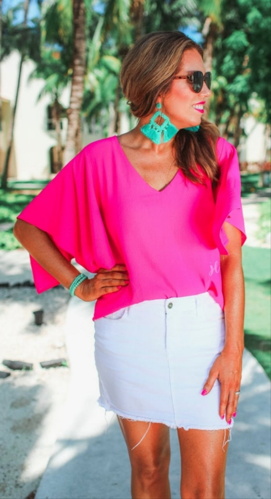 Jess Lea Pink V-neck Wide Flutter Sleeve Blouse