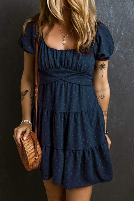 Navy Puff Sleeve Dot Dress