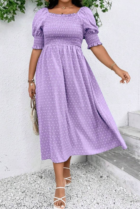 Plus Purple Swiss Dotted Smocked Neckline Dress