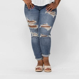 Judy Blue Plus Mid-Rise Boyfriend Destroyed Jeans