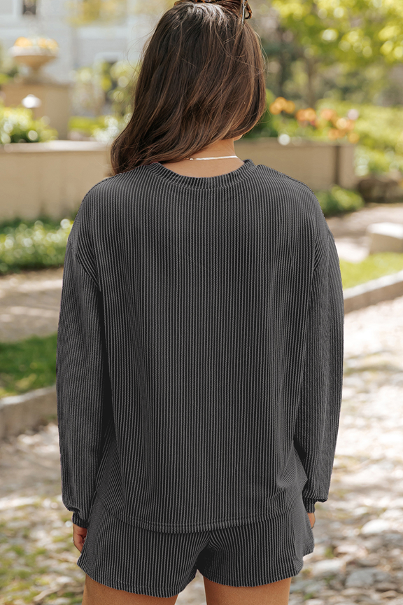2 Piece Charcoal Gray Ribbed Long Sleeve Short Lounge Set Pajama Set