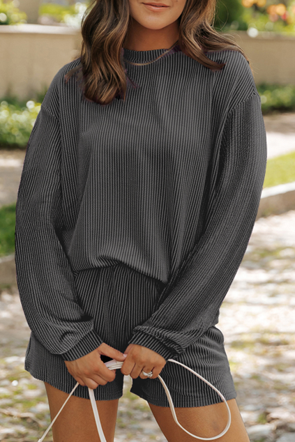 2 Piece Charcoal Gray Ribbed Long Sleeve Short Lounge Set Pajama Set