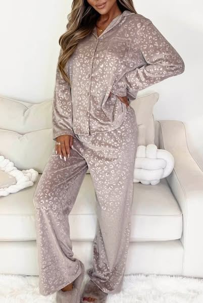 2 pc Brown Luxurious Velvety Leopard Pajama Set
