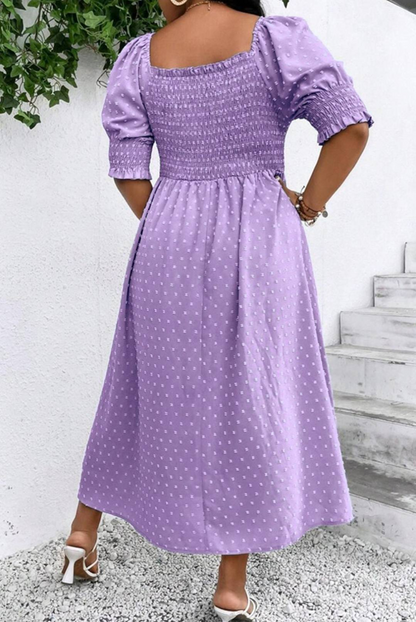 Plus Purple Swiss Dotted Smocked Neckline Dress