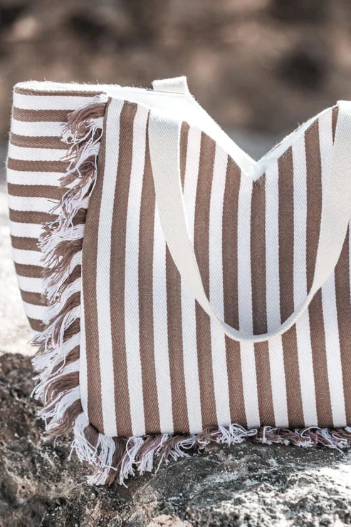 Beige Ivory Canvas Striped Tote