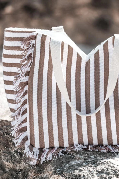 Beige Ivory Canvas Striped Tote
