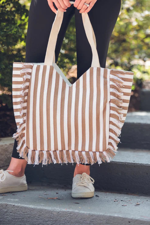 Beige Ivory Canvas Striped Tote