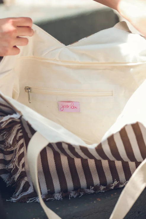 Beige Ivory Canvas Striped Tote