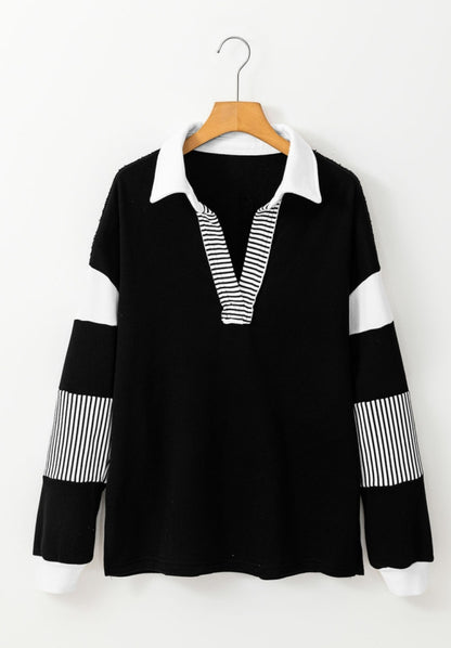 Black & White Pullover Long Sleeve Striped Accents