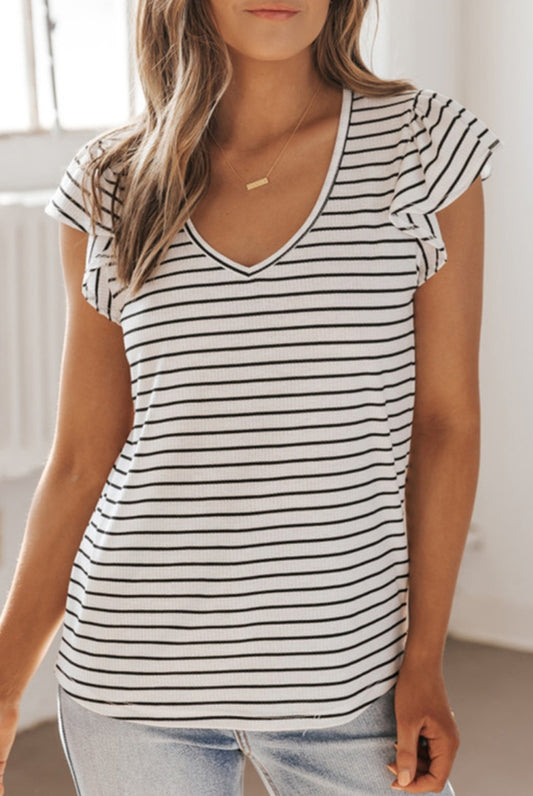 White & Black Stripe Flounce Sleeve