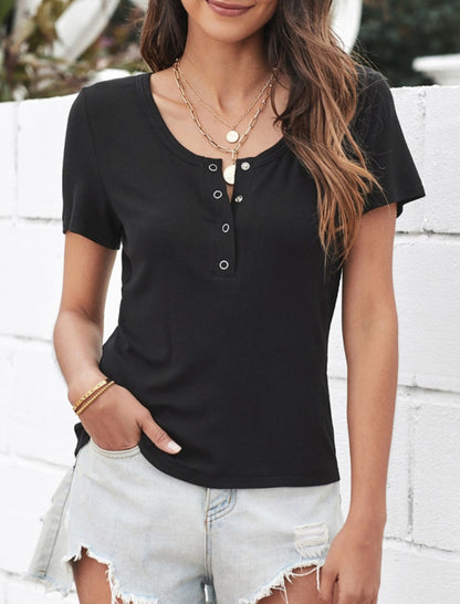 Black Henley Short Sleeve Tee Rounded Neckline