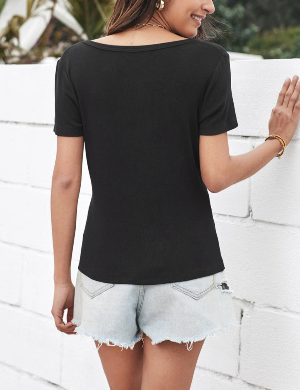 Black Henley Short Sleeve Tee Rounded Neckline