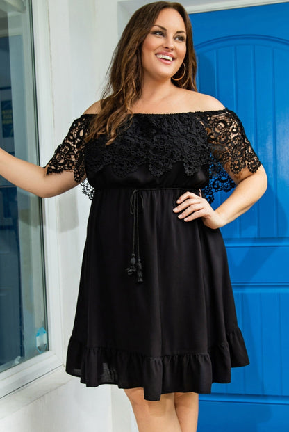 Plus Black Lace Trim Off Shoulder Dress