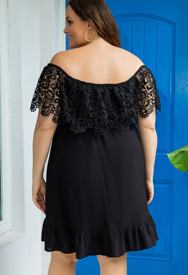 Plus Black Lace Trim Off Shoulder Dress