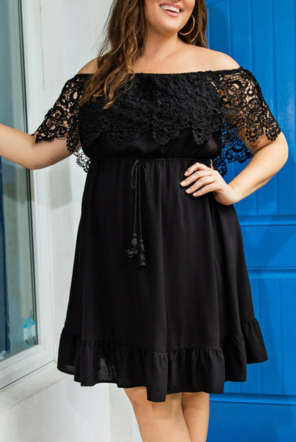 Plus Black Lace Trim Off Shoulder Dress