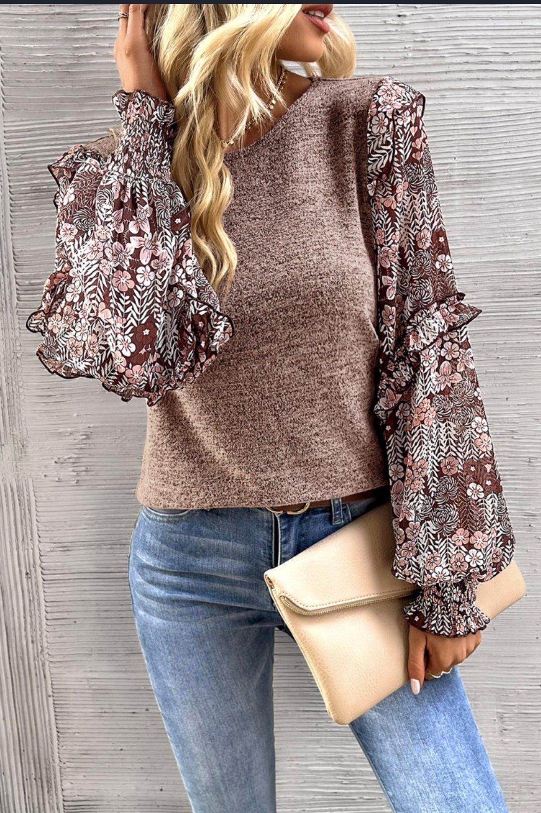 Chestnut Brown Floral Peasant Blouse