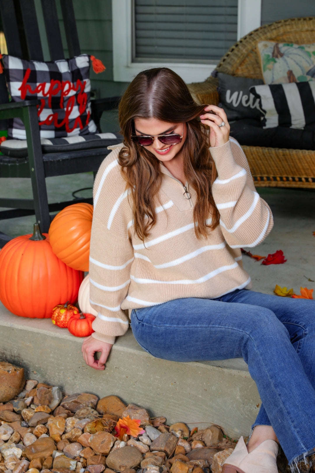 Jess Lea Tan & White Stripe Quarter Zip Sweater