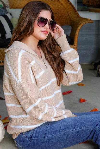 Jess Lea Tan & White Stripe Quarter Zip Sweater