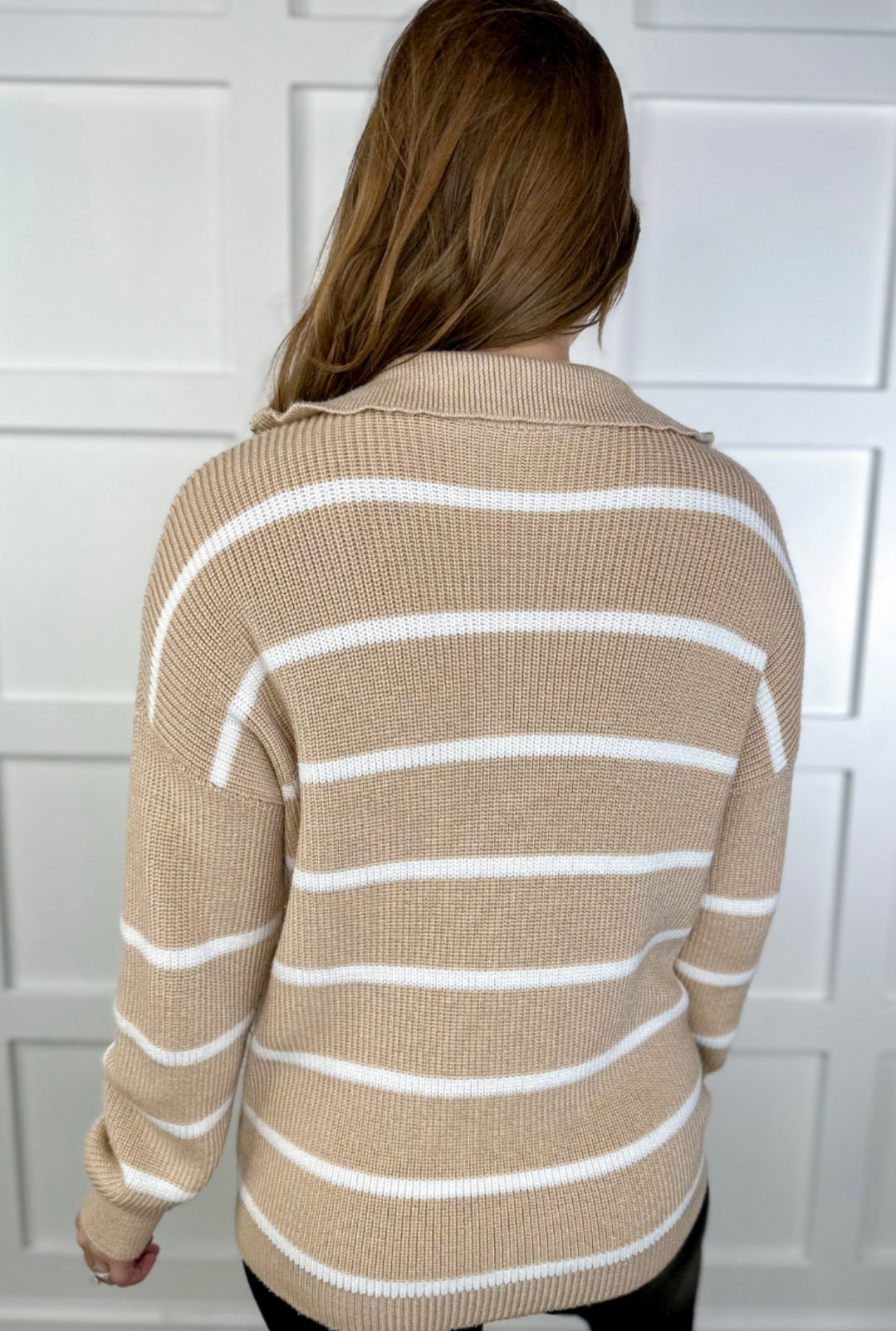 Jess Lea Tan & White Stripe Quarter Zip Sweater