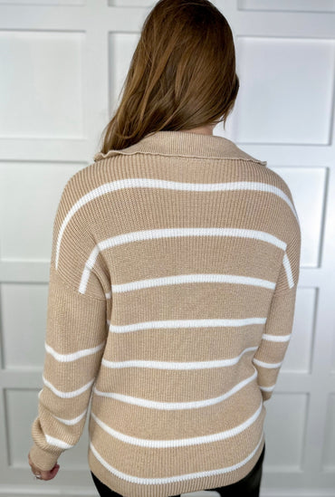 Jess Lea Tan & White Stripe Quarter Zip Sweater