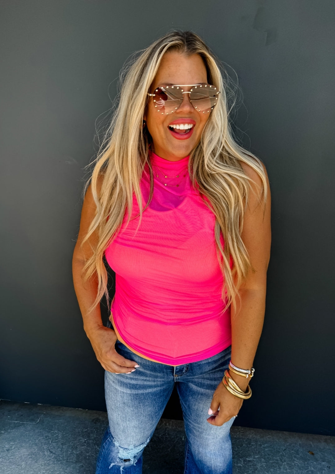 Blakeley Hot Pink Sheer Mesh High Neck Sleeveless Top