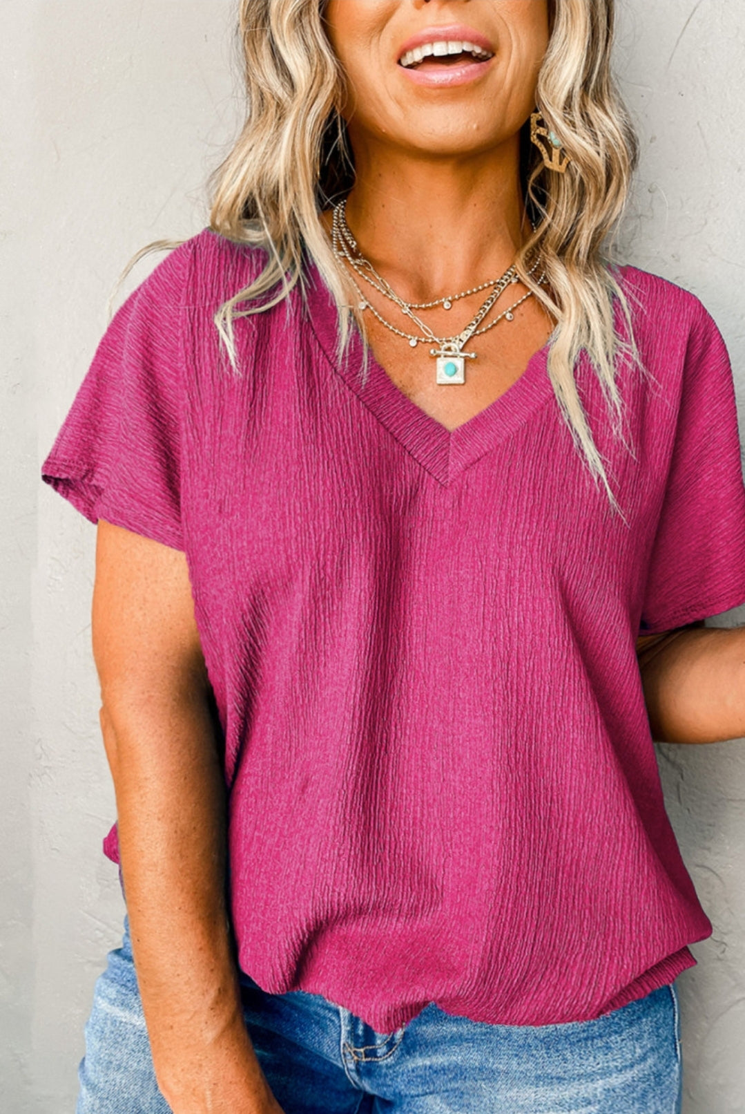 Deep Pink V-Neck Short Sleeve