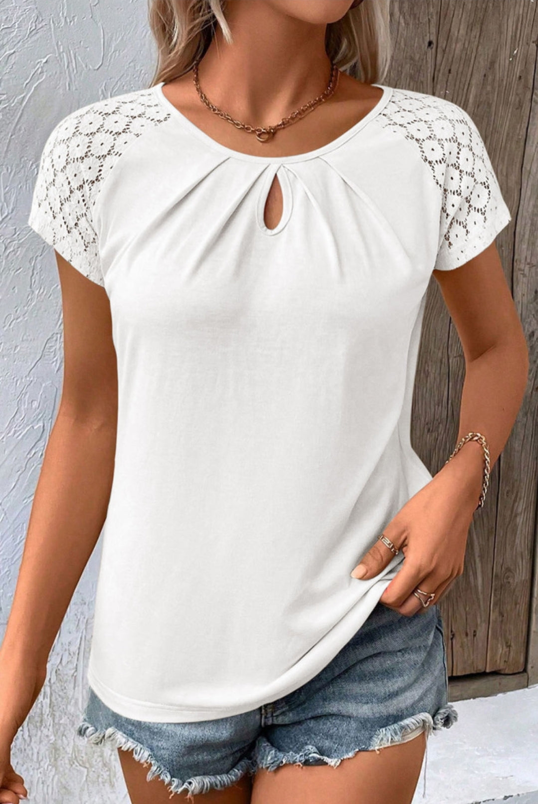 White Keyhole Neckline Eyelet Short Sleeve Top