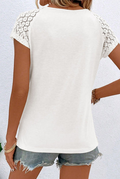 White Keyhole Neckline Eyelet Short Sleeve Top