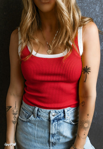 Red White Trimmed Ribbed U-neck Tank