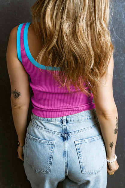 Pink with Blue Trimmed Ribbed U-neck Tank