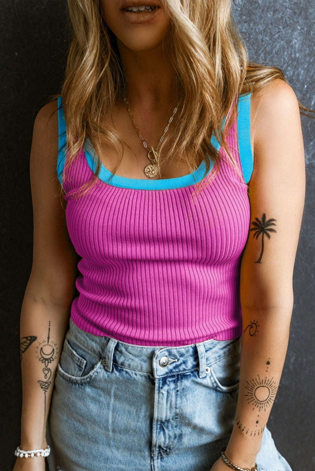 Pink with Blue Trimmed Ribbed U-neck Tank